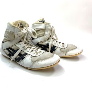 Vintage Asics Tiger White Leather Wrestling Shoes Size 9.5 High Tops Patent Pend
